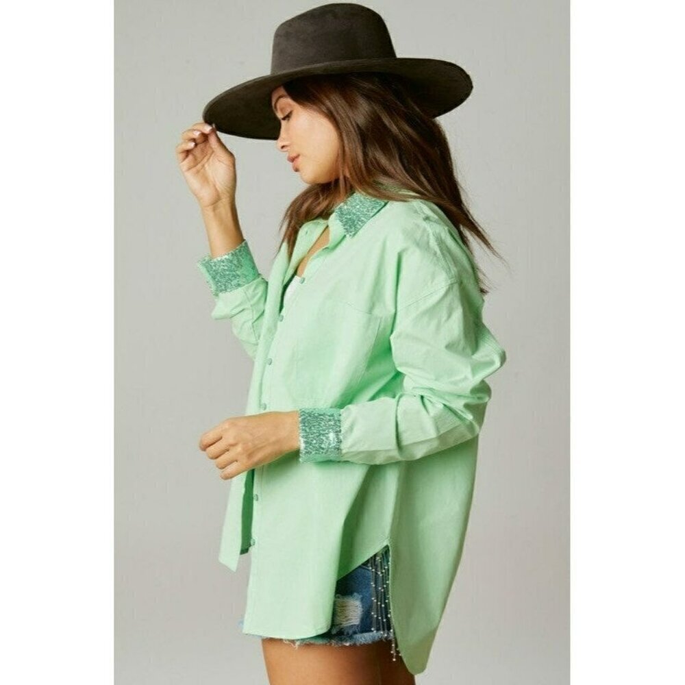 Made My Day Smile Sequin Outline Patch Shirt in Apple Green - Picture 6 of 8